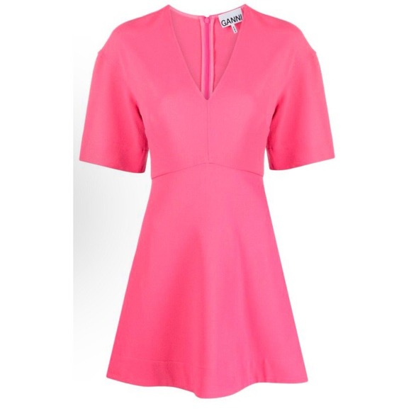 GANNI V-neck Flared Pink Stretch‎  A-line Mini Dress EU 36 US 6 M Org $395 - Picture 1 of 9
